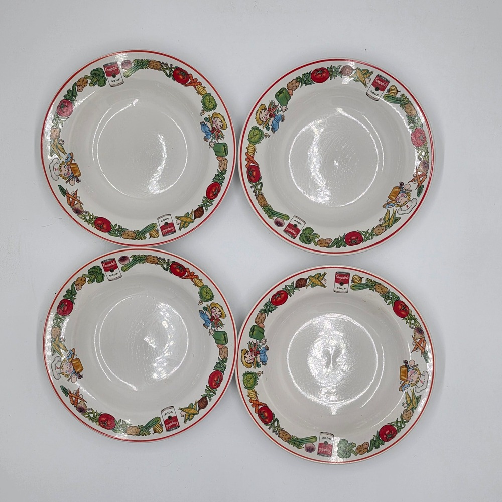 Westwood Campbell Soup Kids 1996 Bowl Set 4 Vegetable Characters Red Rim